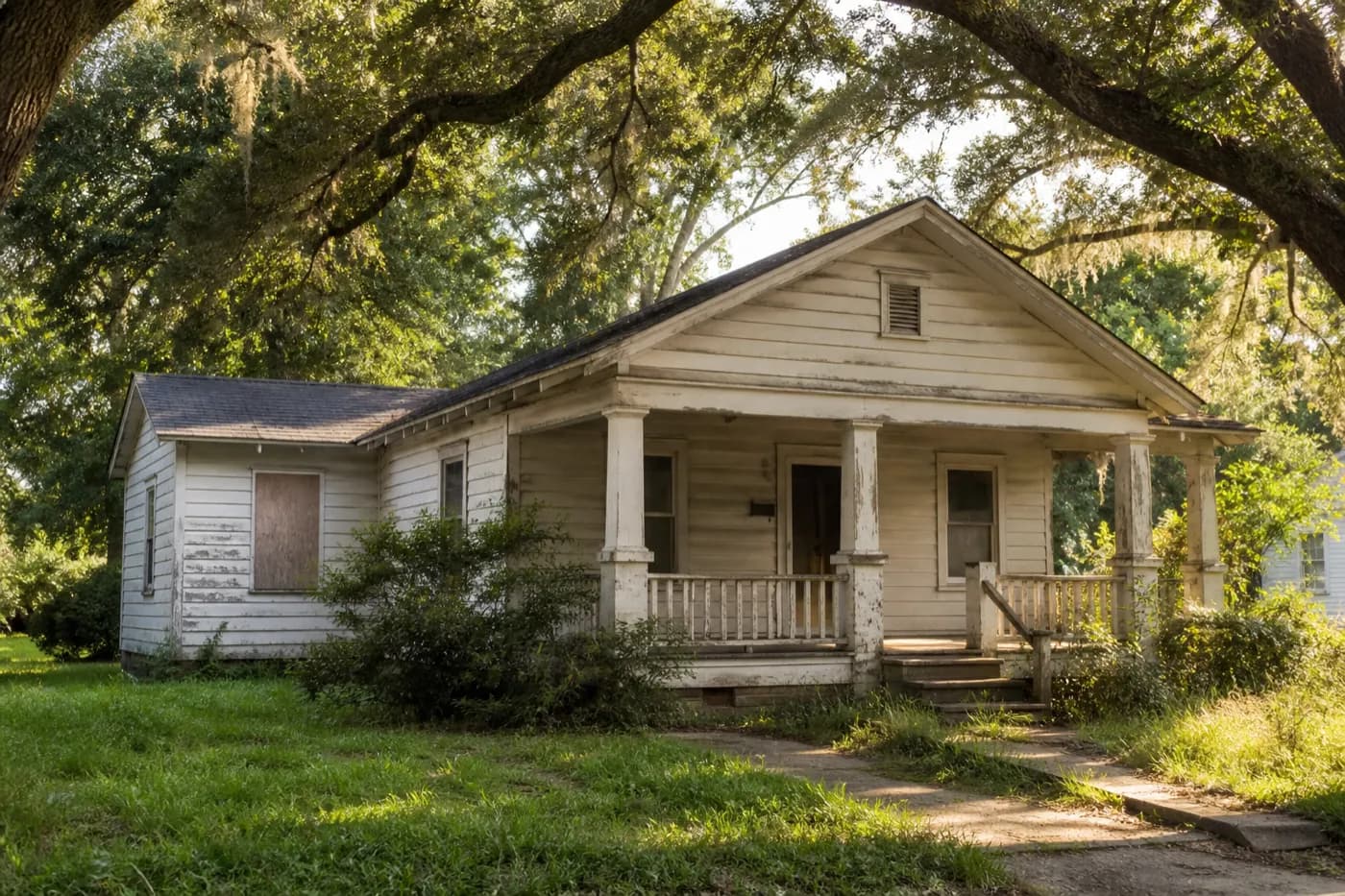 Absentee-owned bungalow with a worn porch and tall grass