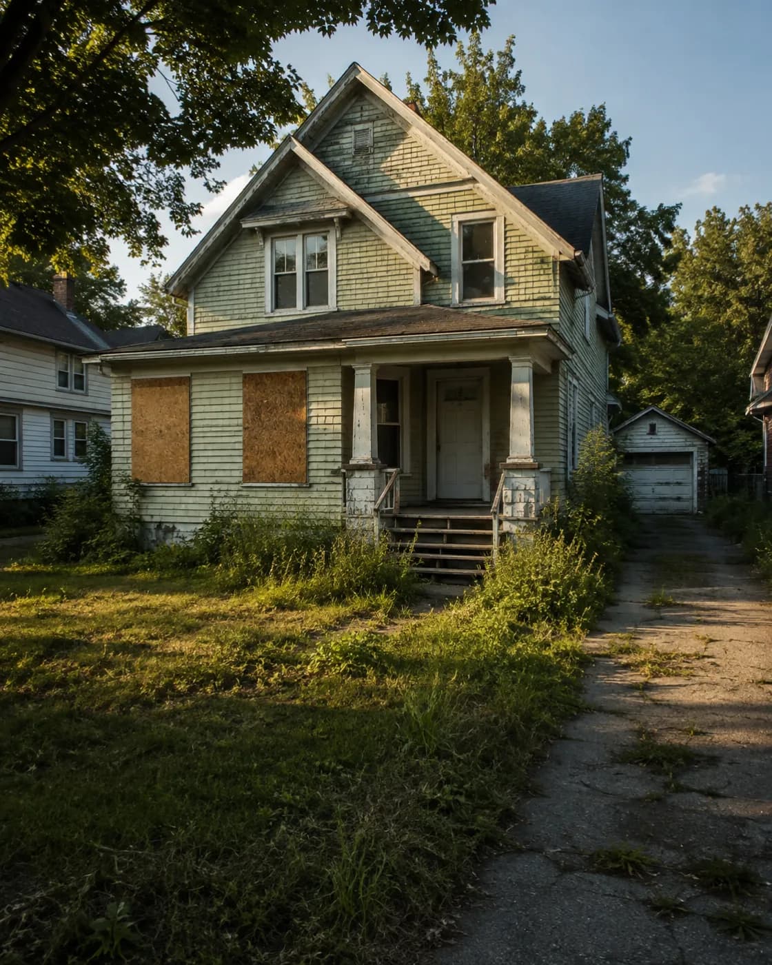 Weathered craftsman house with boarded windows and an overgrown lawn